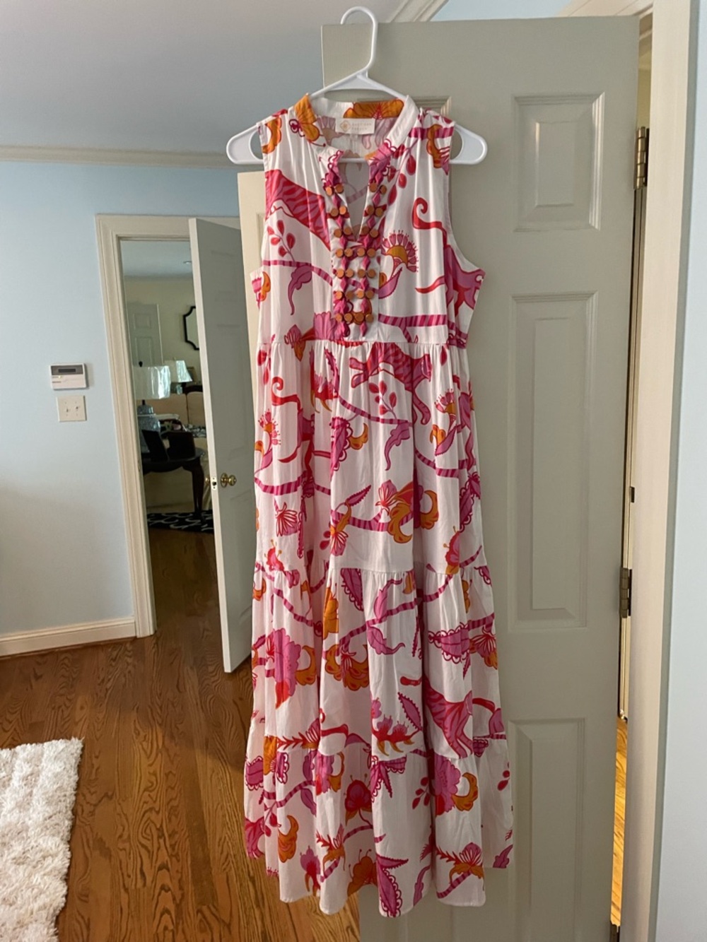 Women's Sleeveless White Maxi Dress with Pink & Orange Floral Print